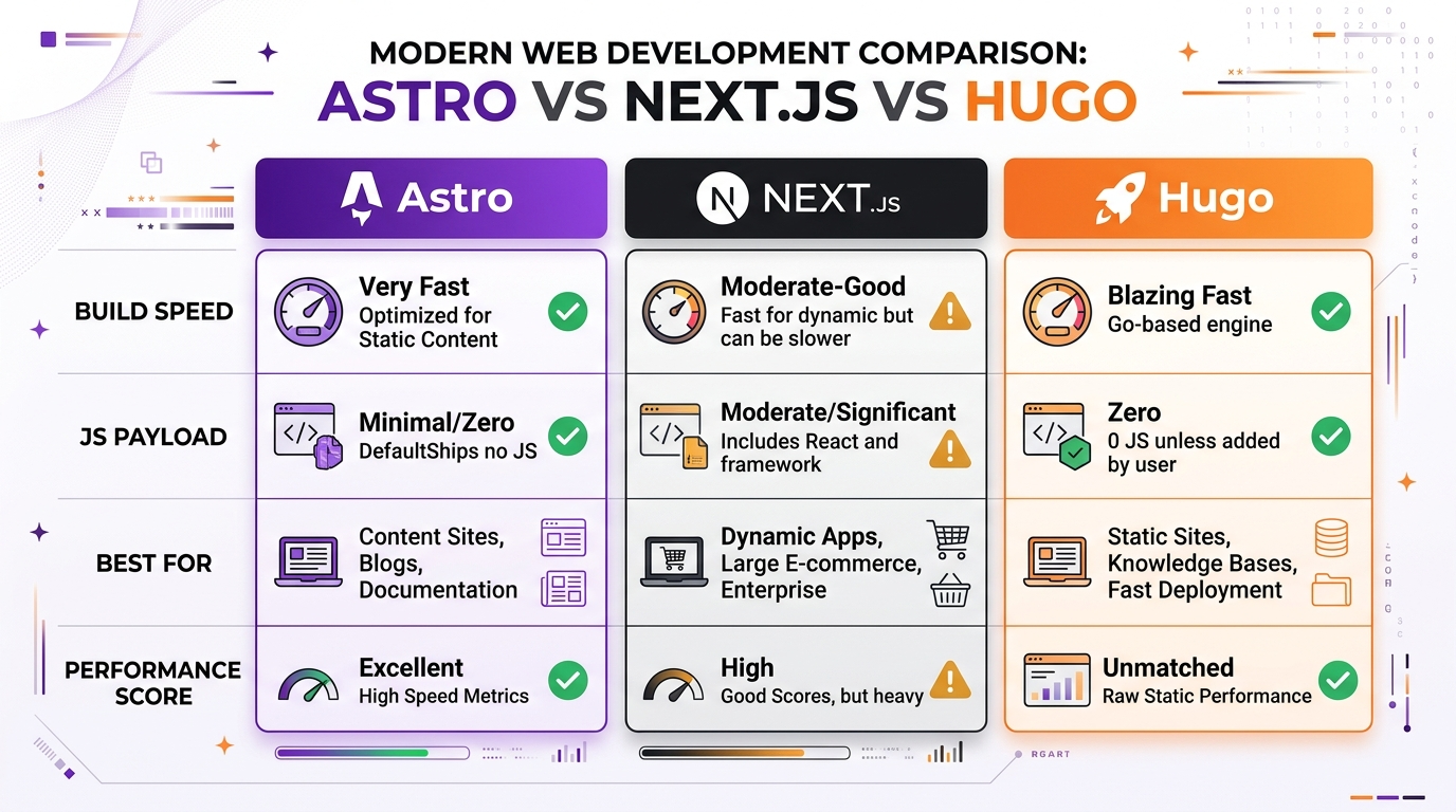 Astro vs Next.js vs Hugo head-to-head comparison