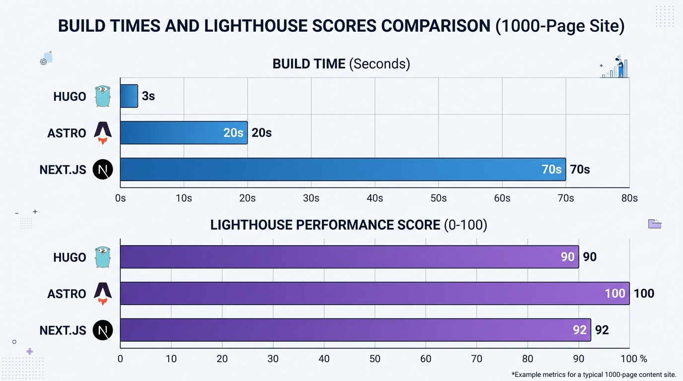 Build time comparison between Astro, Next.js, and Hugo